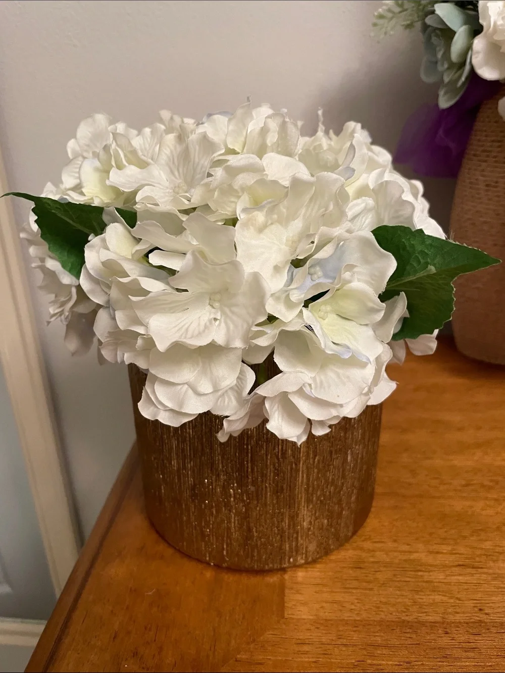 Elegant Faux Artificial White Hydrangeas Arrangement with Gold Color Pot Vase